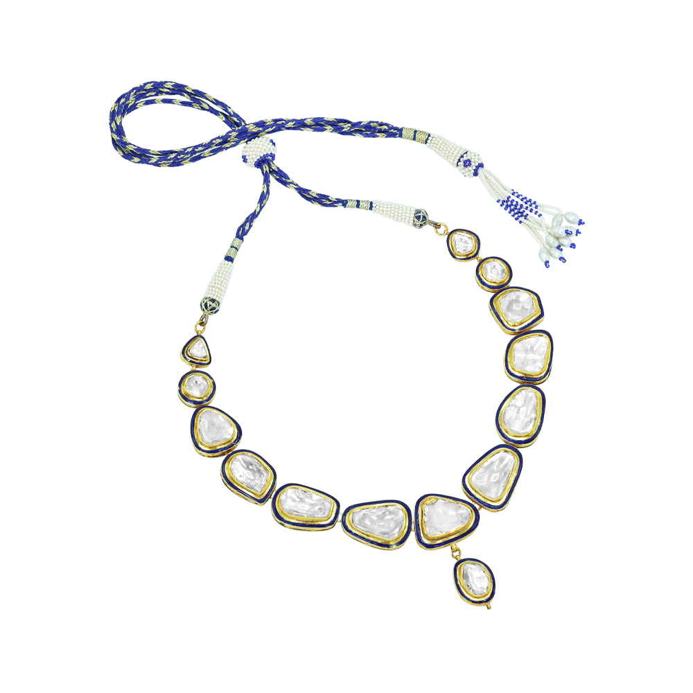 Polki Necklace Set with Blue Enamel and Matching Drop Earrings